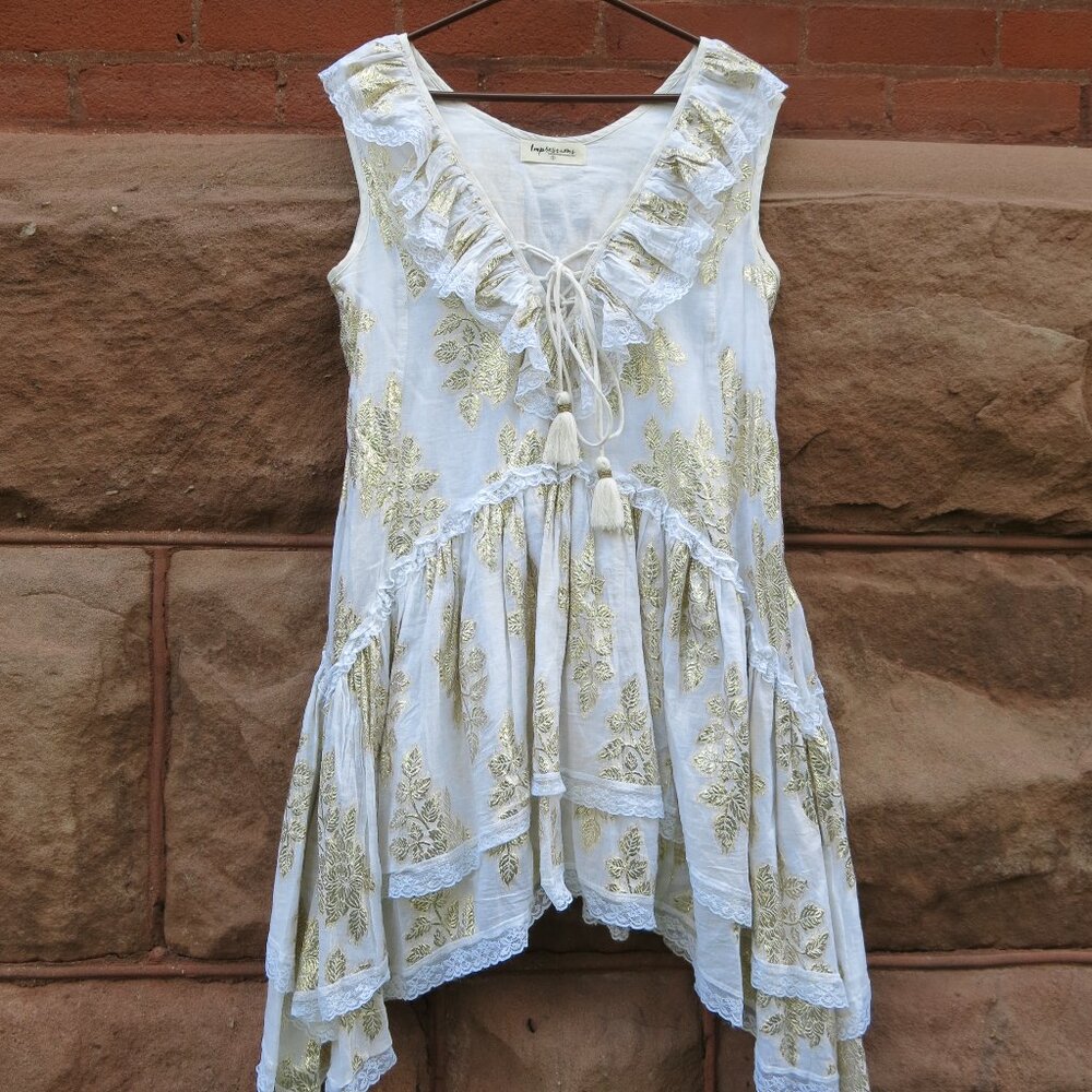 Impressions Ivory Gold Low High Bohemian Cottage Core Botanical Chic Dress Sz. S
